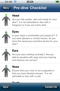 iPhone Pre-Dive Checklist Screen