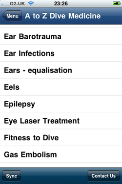 iPhone Dive Medicine A-Z Screen